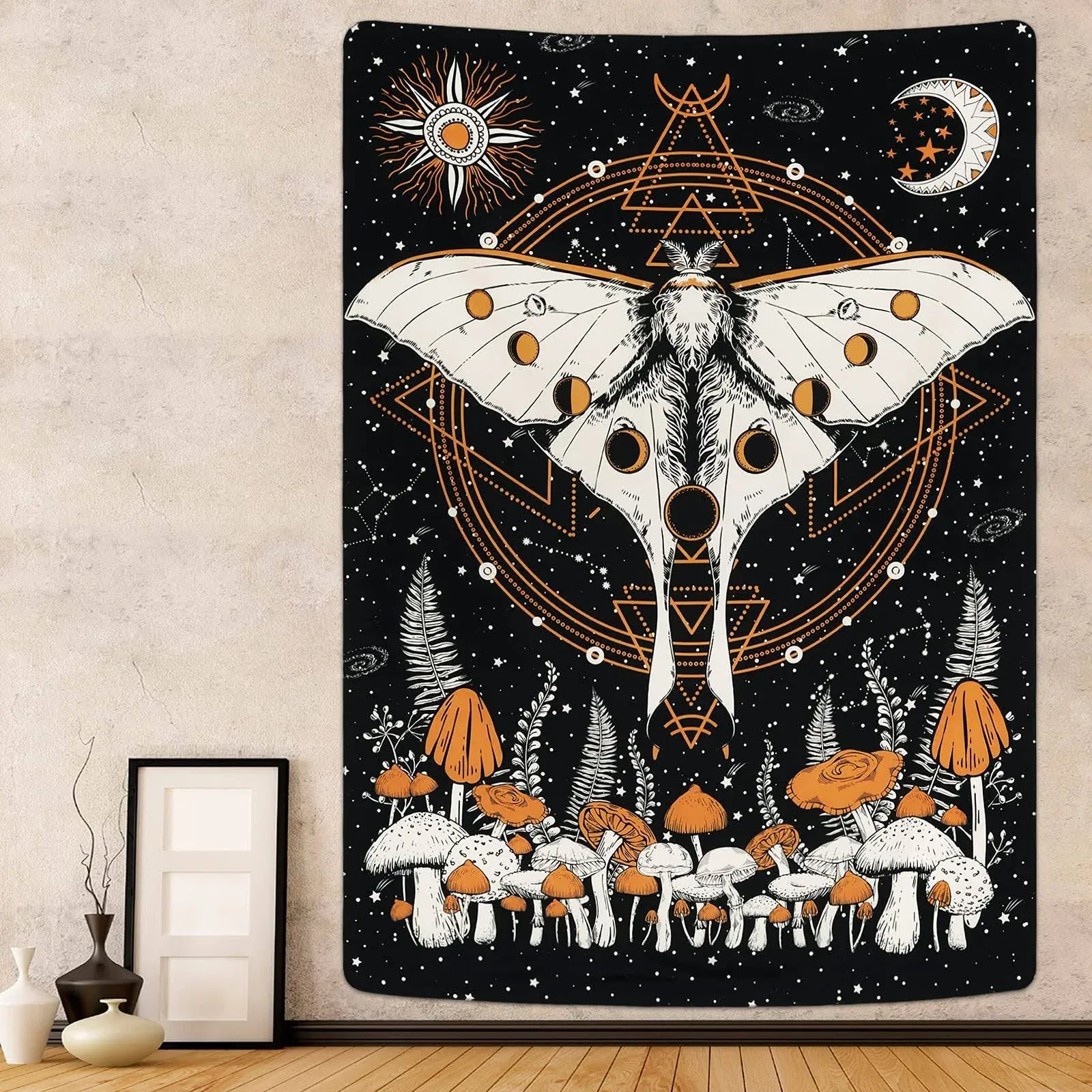 Krelymics Moth Tapestry Trippy Mushroom Tapestry Sun and Moon Tapestries Moon