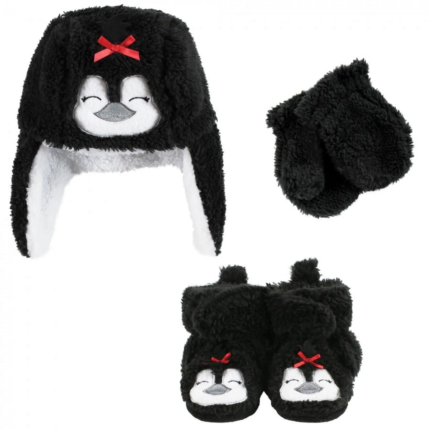 Hudson Baby Infant Girl Trapper Hat, Mitten and Bootie Set, Girl Penguin, 18-24 Months