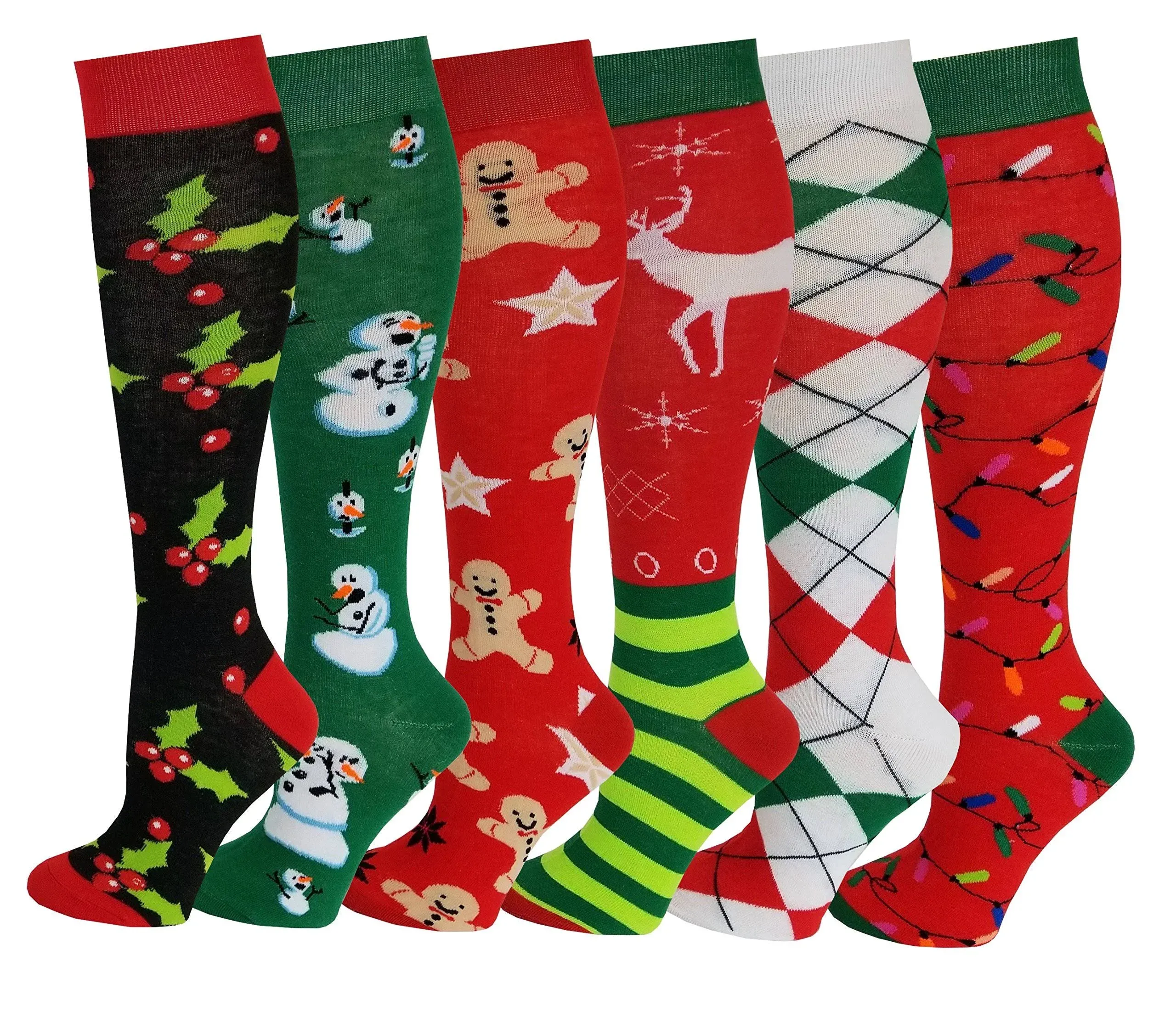 Sumona 6 Pairs Women's Fancy Design Multi Colorful Patterned Knee High Socks,Christmas 2017,Size 9-11 ( Fit Women Shoe Size 4 to 10 )