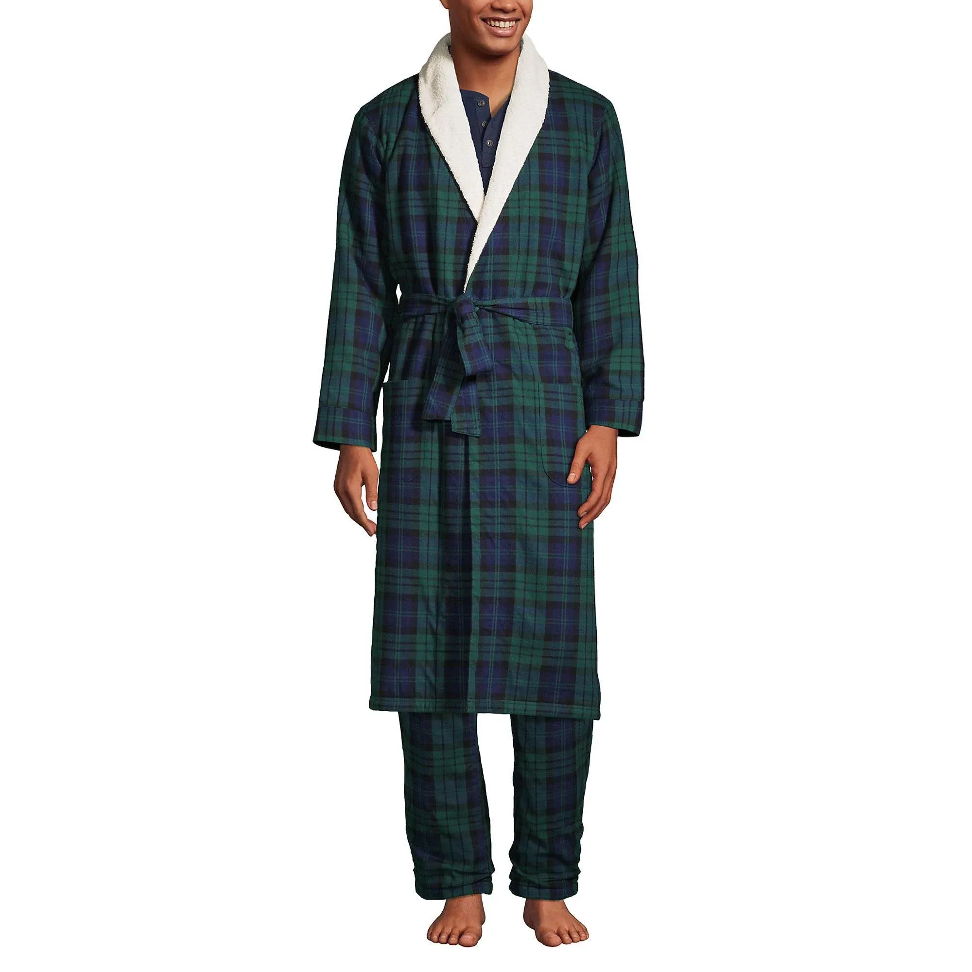 Lands' End Men's Sherpa Fleece Lined Flannel Robe