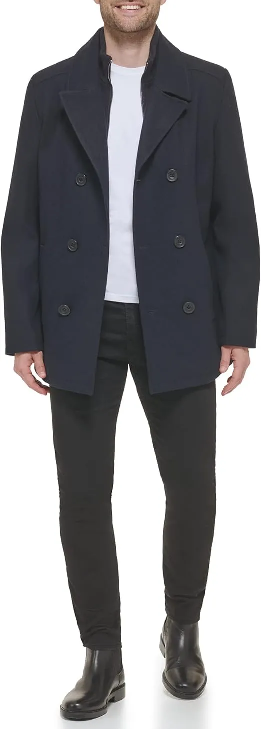 Men's Double Breasted Wool Blend Peacoat with Bib