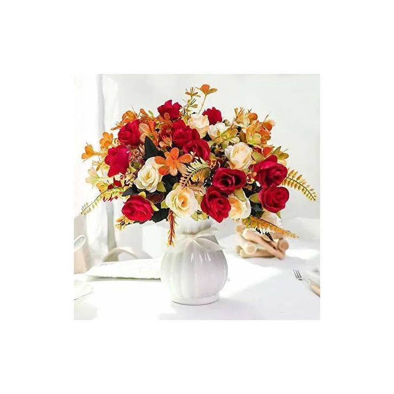  Artificial Fake Flowers with Vase Silk Artificial Roses Wedding Flowers Red-1