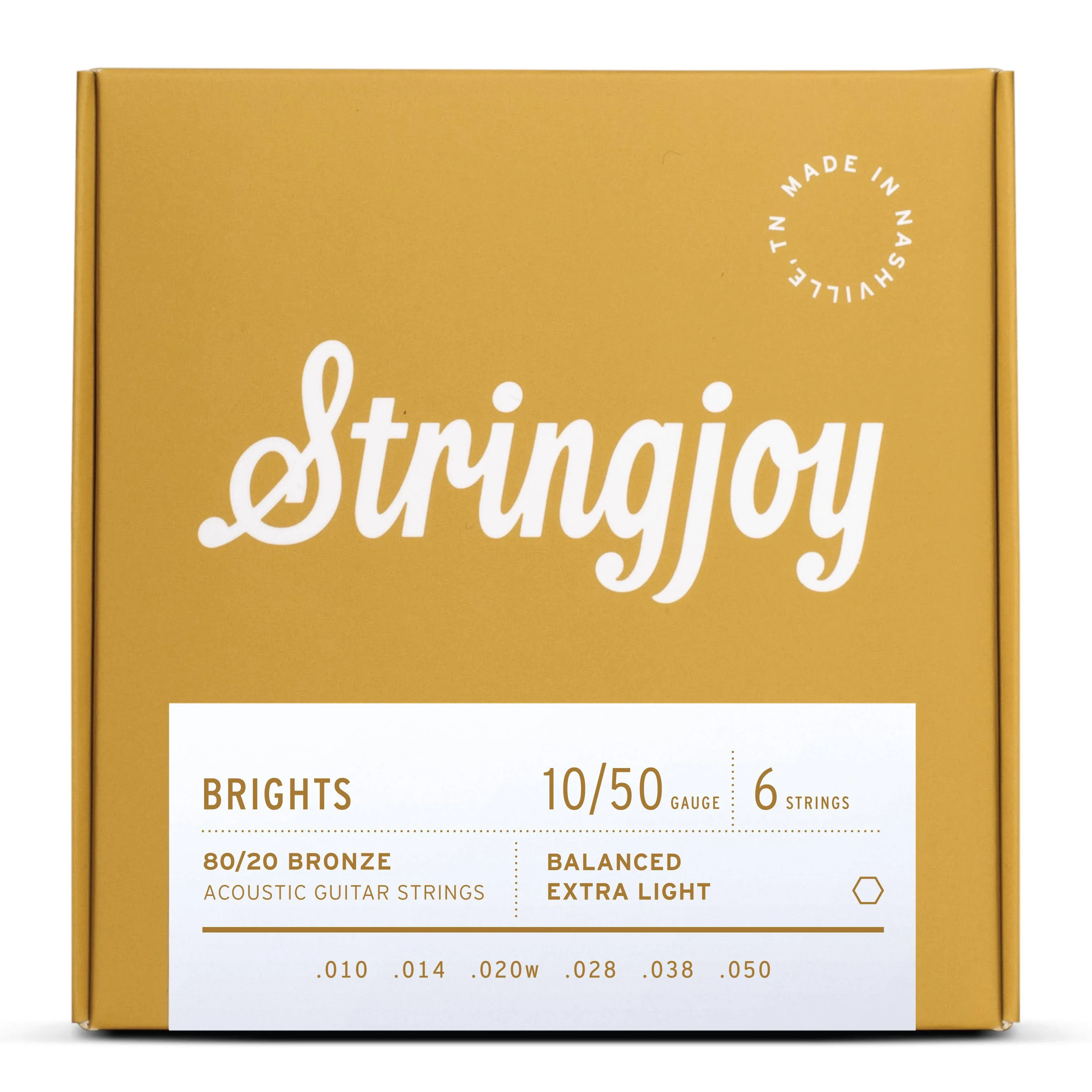 Stringjoy Brights | Extra Light Gauge (10-50) 80/20 Bronze Acoustic Guitar Strings