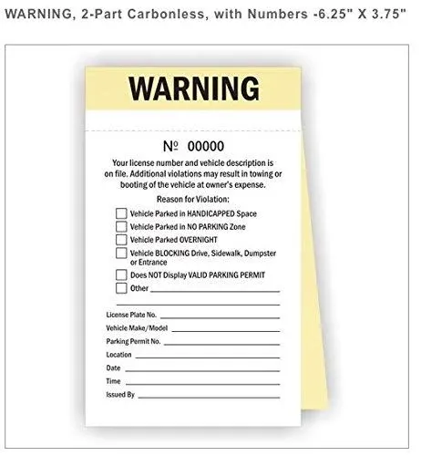 Warning, Parking Violation 2-Part Carbonless, with Numbers -6.25&#034; X 3.75&#034;-PK/50