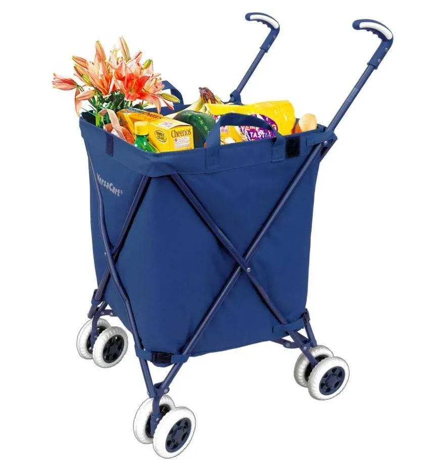 VersaCart Transit -The Original Patented Folding Shopping and Utility Cart, Water-Resistant Heavy-Duty Canvas with Cover, Double Front Swivel Wheels, Compact Folding, Transport Up to 120 Pounds, Blue