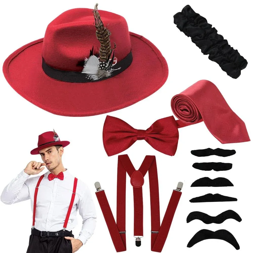 Spooktacular Creations Manhattan 1920s Mens Hat Accessories Gatsby Gangster Retro Hat Suspender Bow Tie Halloween Costume Set