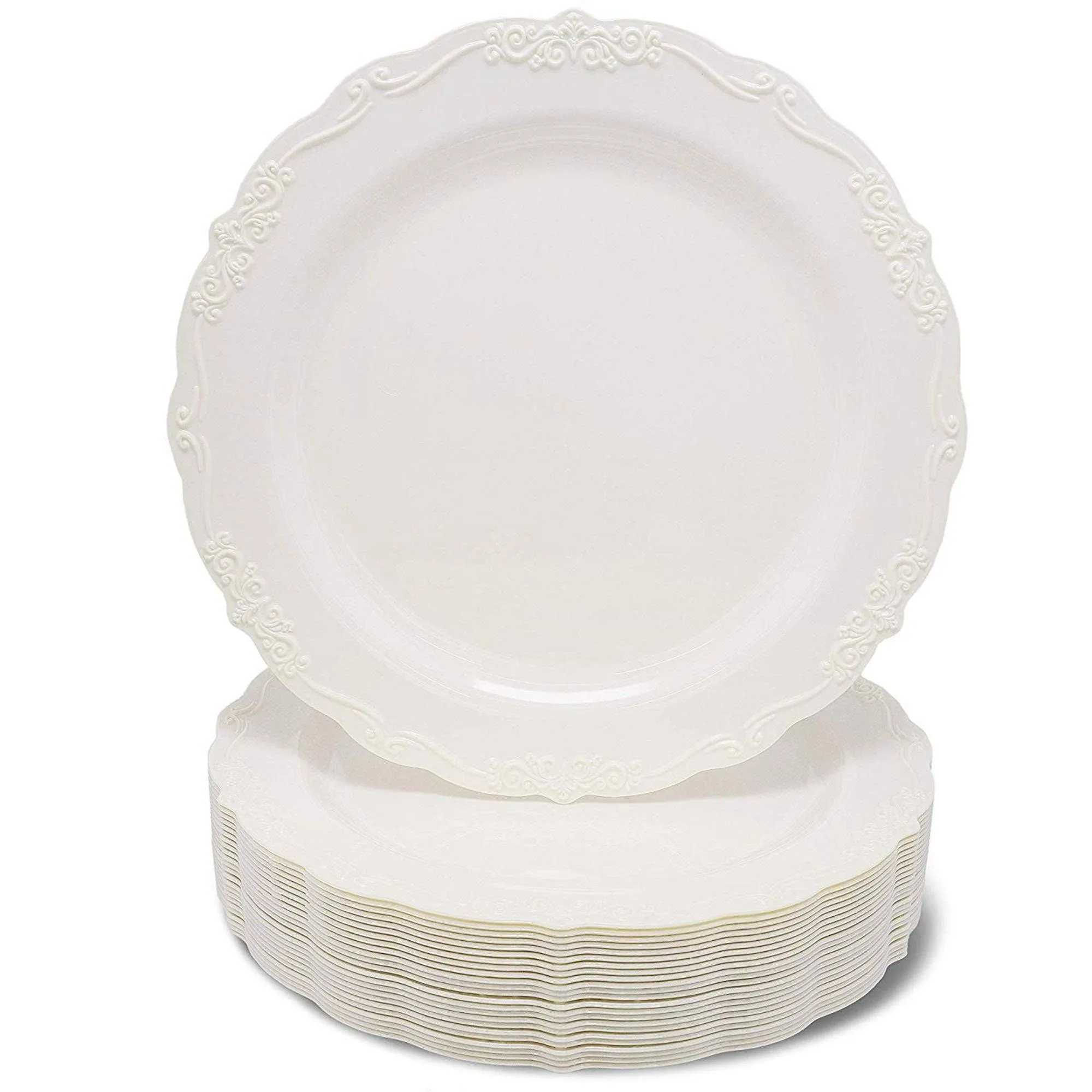 Juvale 25-Pack Cream Vintage Plastic Dinner Plates for Weddings and Parties, Elegant Tea Party Plates, Disposable Dinnerware for Birthdays and Baby Showers, Wedding Party Supplies, 9x9 Inch