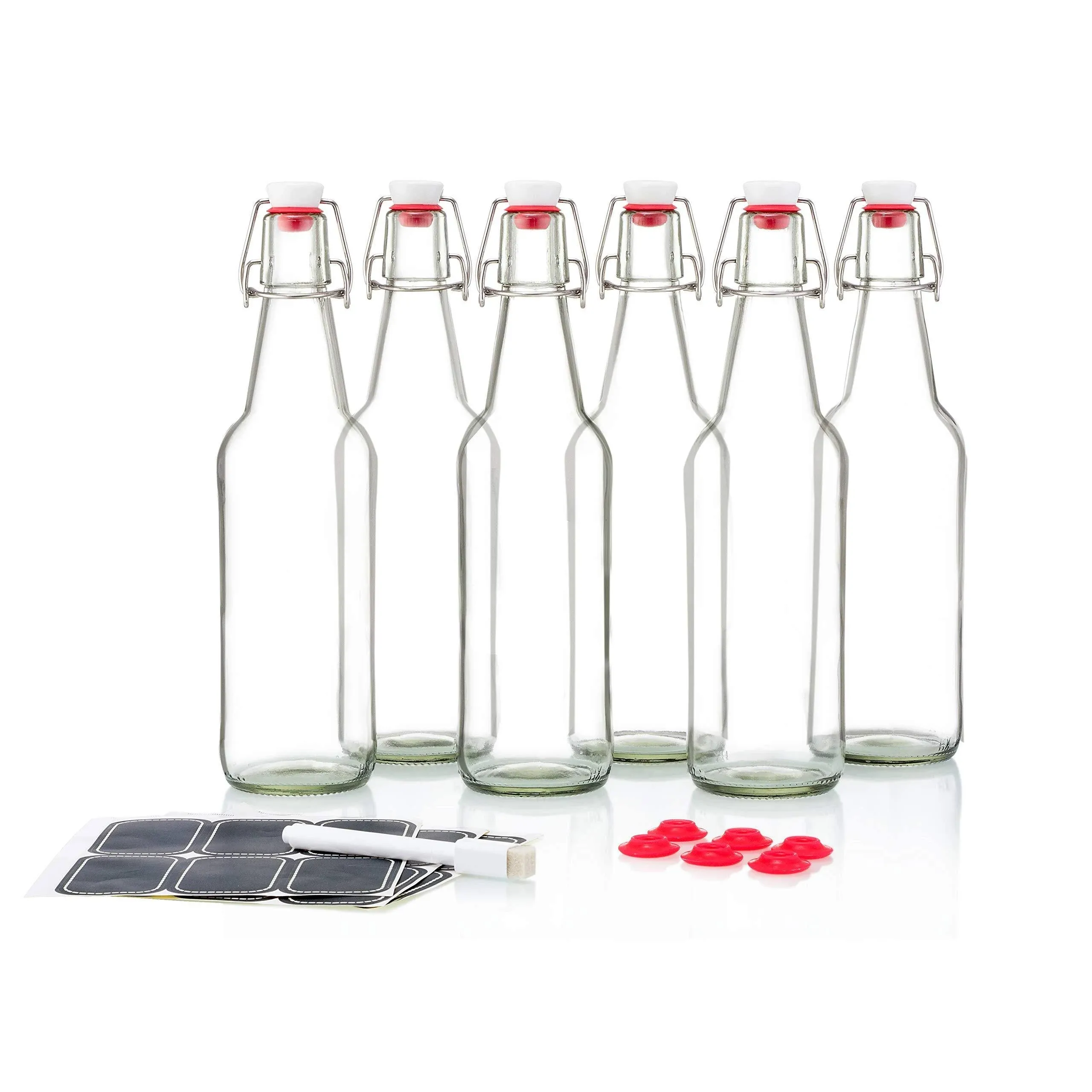 Otis Classic Swing Top Glass Bottles - Set of 6, 16oz w/Marker & Labels - Clear Bottle with Caps for Juice, Water, Kombucha, Wine, Beer Brewing, Kefir Milk or Eggnog