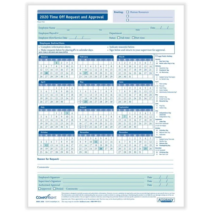 ComplyRight 2024 Time Off Request and Approval Calendar, Pack of 50 (A0037)