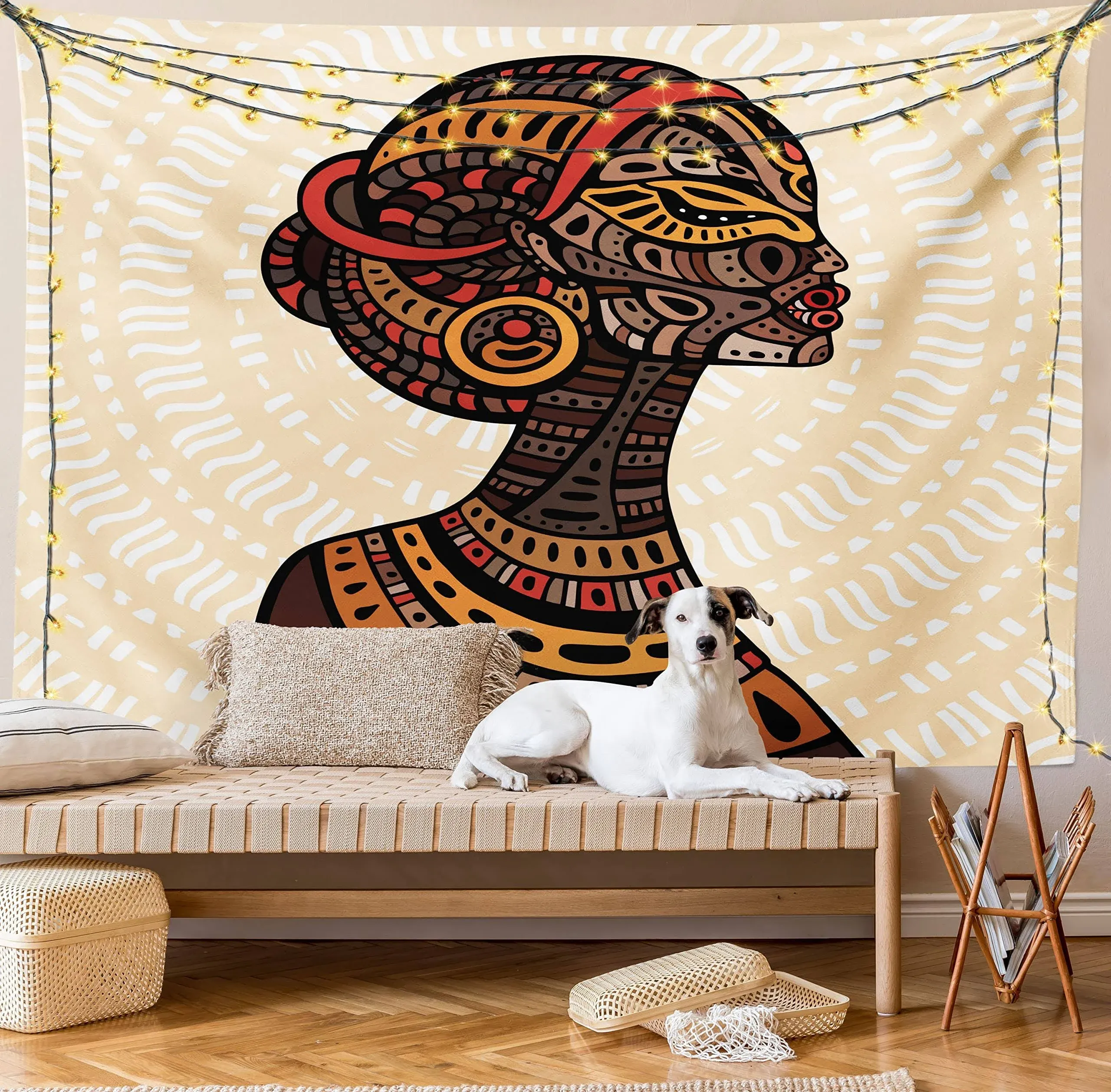 African Woman Tapestry Portrait Folk Art Print Wall Hanging Decor 80Wx60L Inches