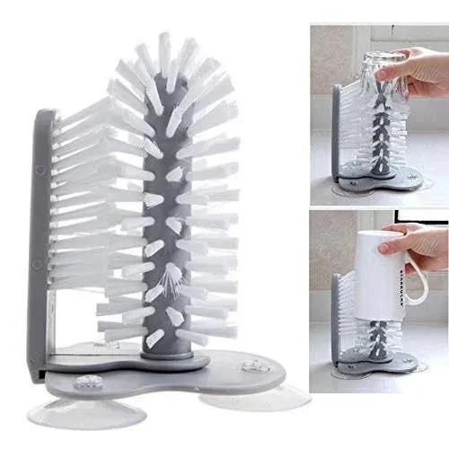 Glass Washer Brush Cleaner, Standing Bottle Cup Brush Cleaner for Kitchen Bar Sink Washing Cleaning Tools Double Sided Bristle Brush with Suction Cups