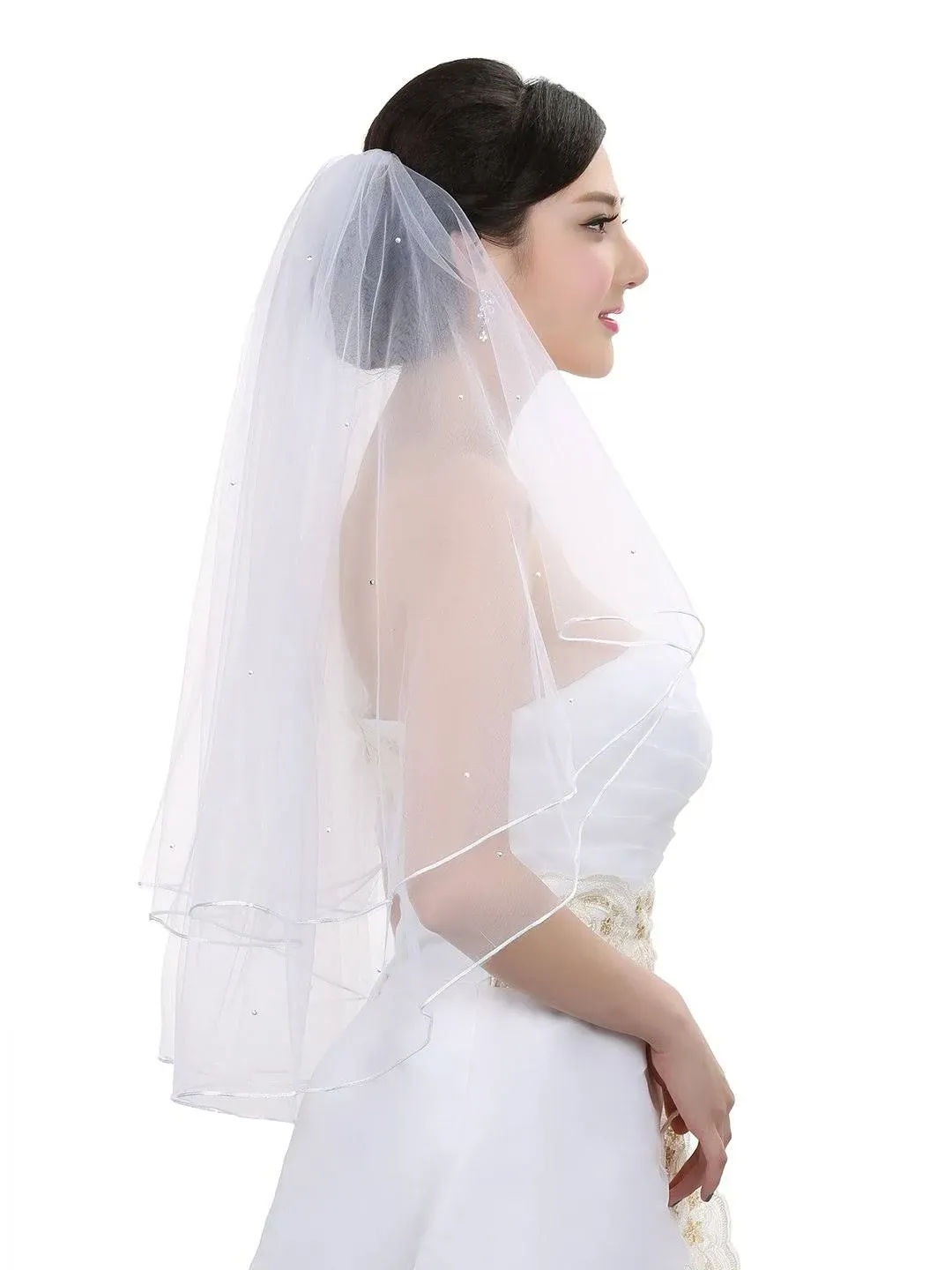 SAMKY 2T 2 Tier Rattail Scattered Rhinestone Bridal Wedding Veil