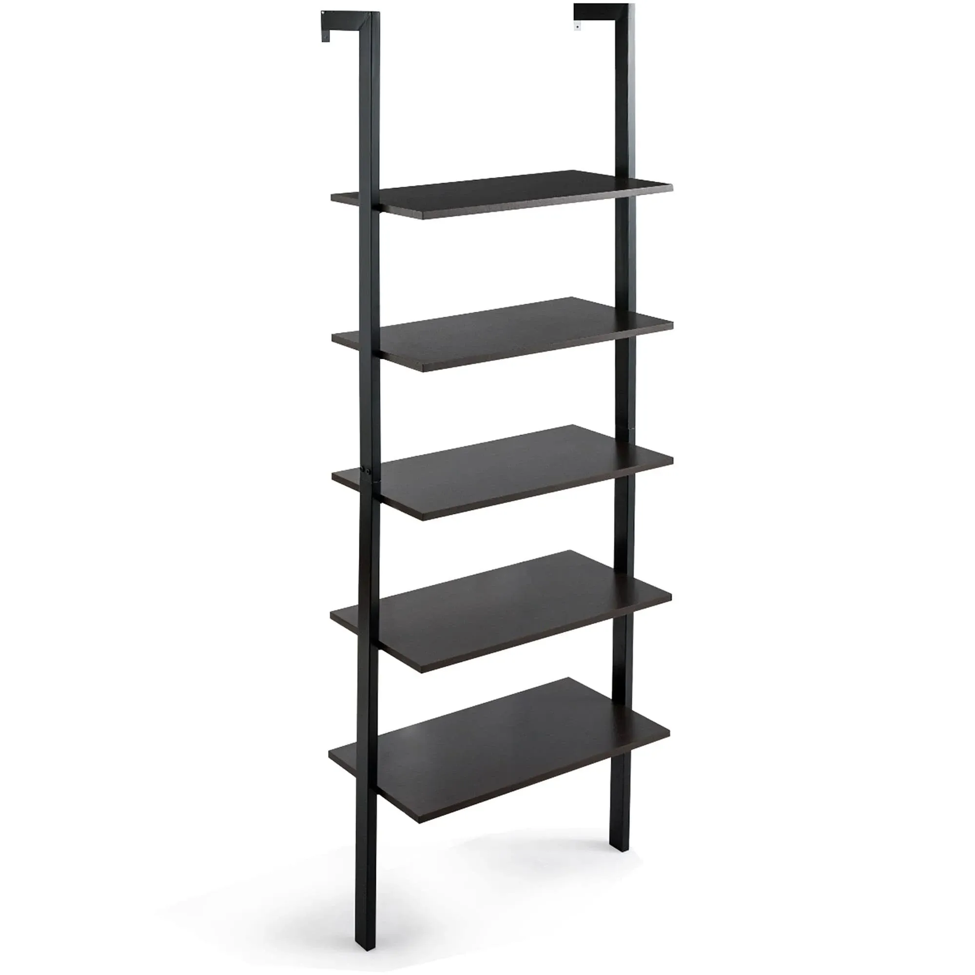 5-Shelf Wood Ladder Bookcase with Metal Frame - Walnut