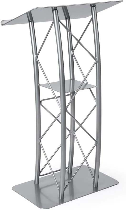 Silver Aluminum & Steel Truss Lectern with Curved Design and Built-in Shelf, 47 ...