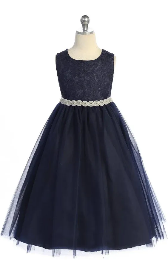 Made in USA Lace Flower Girl Dress with Rhinestone Waist Belt