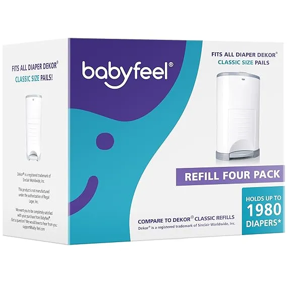 Babyfeel Refills Compatible with DEKOR Classic Diaper Pails | 4 Pack | Exclusive 30% Extra Thickness | Diaper Pail Refills with Powerful Odor Elimination | Powder Scent | Holds up to 1980 Diapers