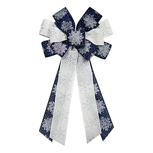 On-Airstore Large Christmas Wreath Bows, Christmas Navy Blue Snowflake Ribbon Bows for Wreaths, Large Tree Topper Bows for Christmas Home Garden