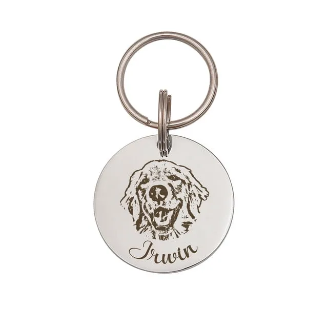 Anavia Stainless Steel Double Sided Round Name - Pet Portrait Photo Engraved Dog & Cat ID Tag, Silver, L