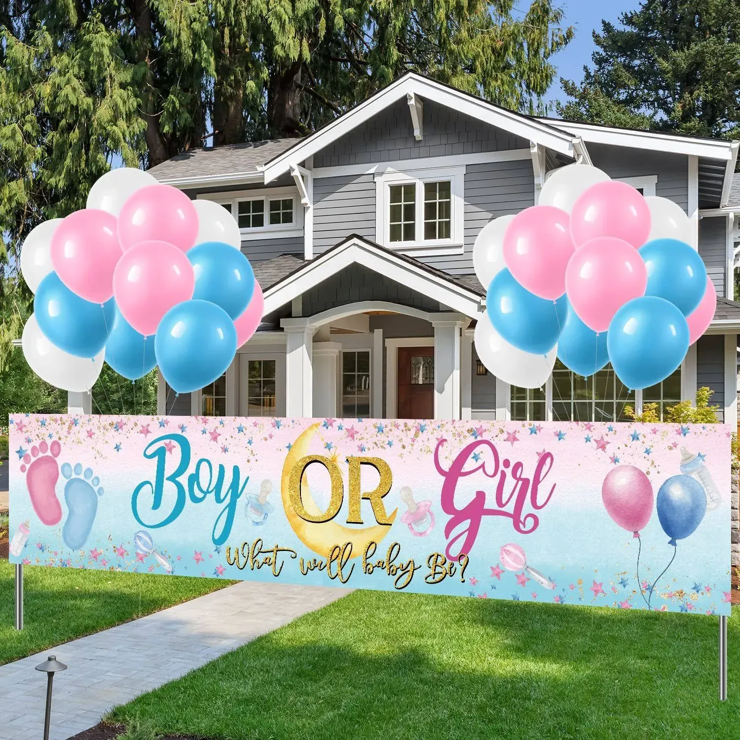 Gender Reveal Yard Sign,Boy or Girl Banner and Blue Pink Balloons,What Will Baby