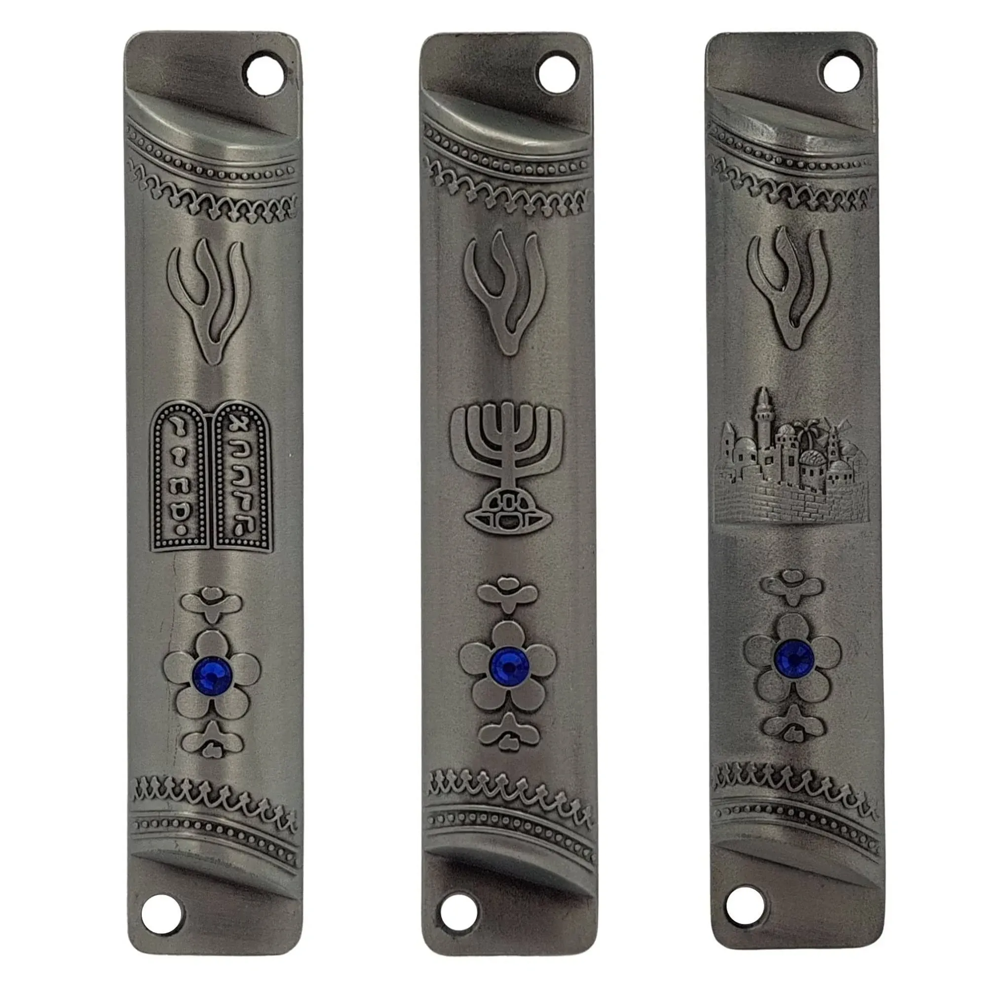 Set of 3 Jerusalem Mezuzah Case with Scroll for Door Ten Commandments Seven B...