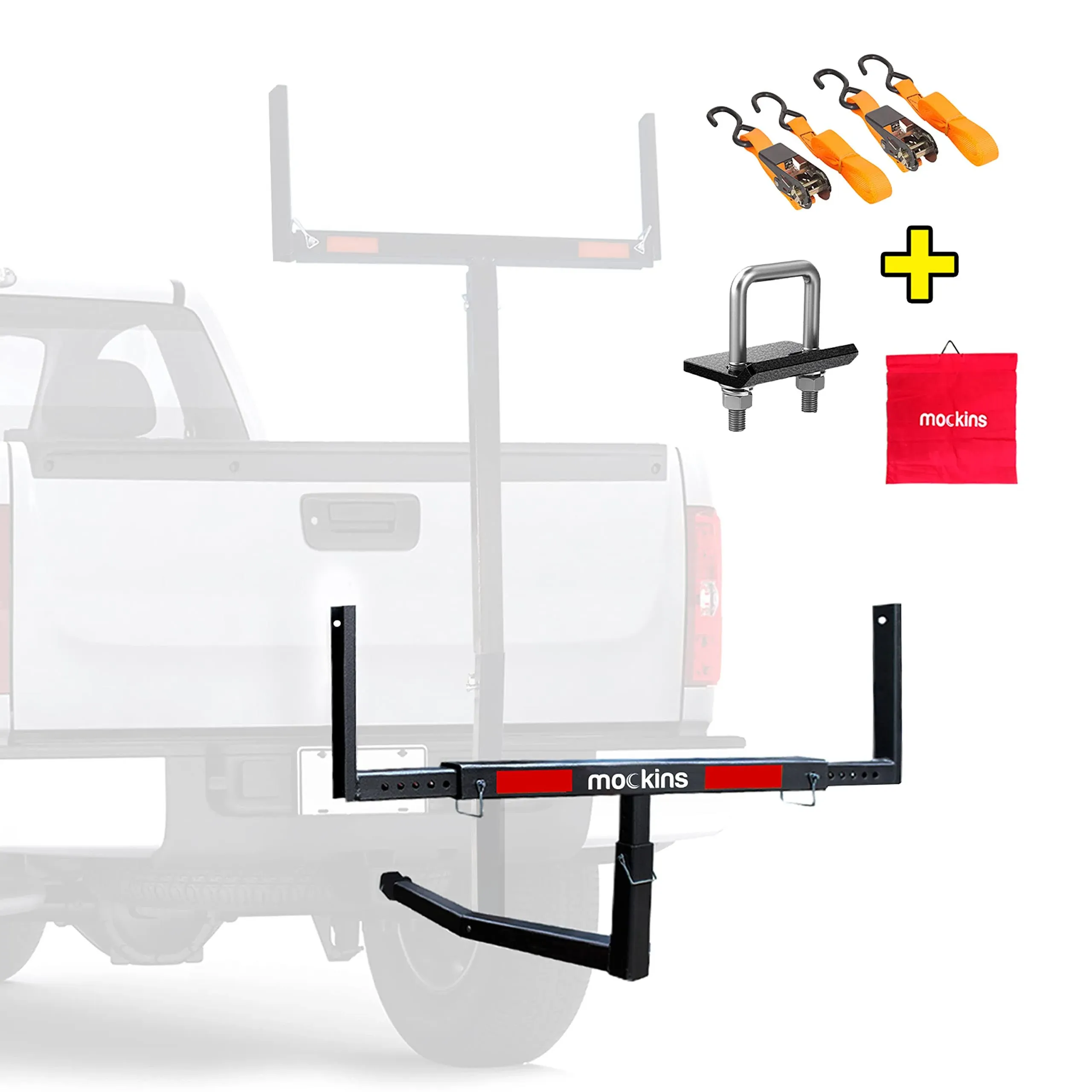 Mockins 2-in-1 Design 750lb Cap. Truck Bed Extender Hitch Mount & Ratchet Straps | Heavy Duty Steel Truck Bed Extenders | Bed Extenders for Trucks, SUV, Vans |for Ladder, Canoe, Kayak, Pipes, Lumber