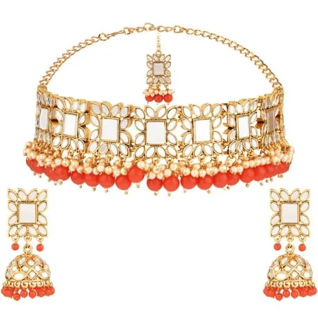 Efulgenz Indian Jewelry Set Crystal Choker Necklace Jhumka Earrings Maang Tikka Head Chain Bollywood Wedding Bridal Jewelry for Women Red