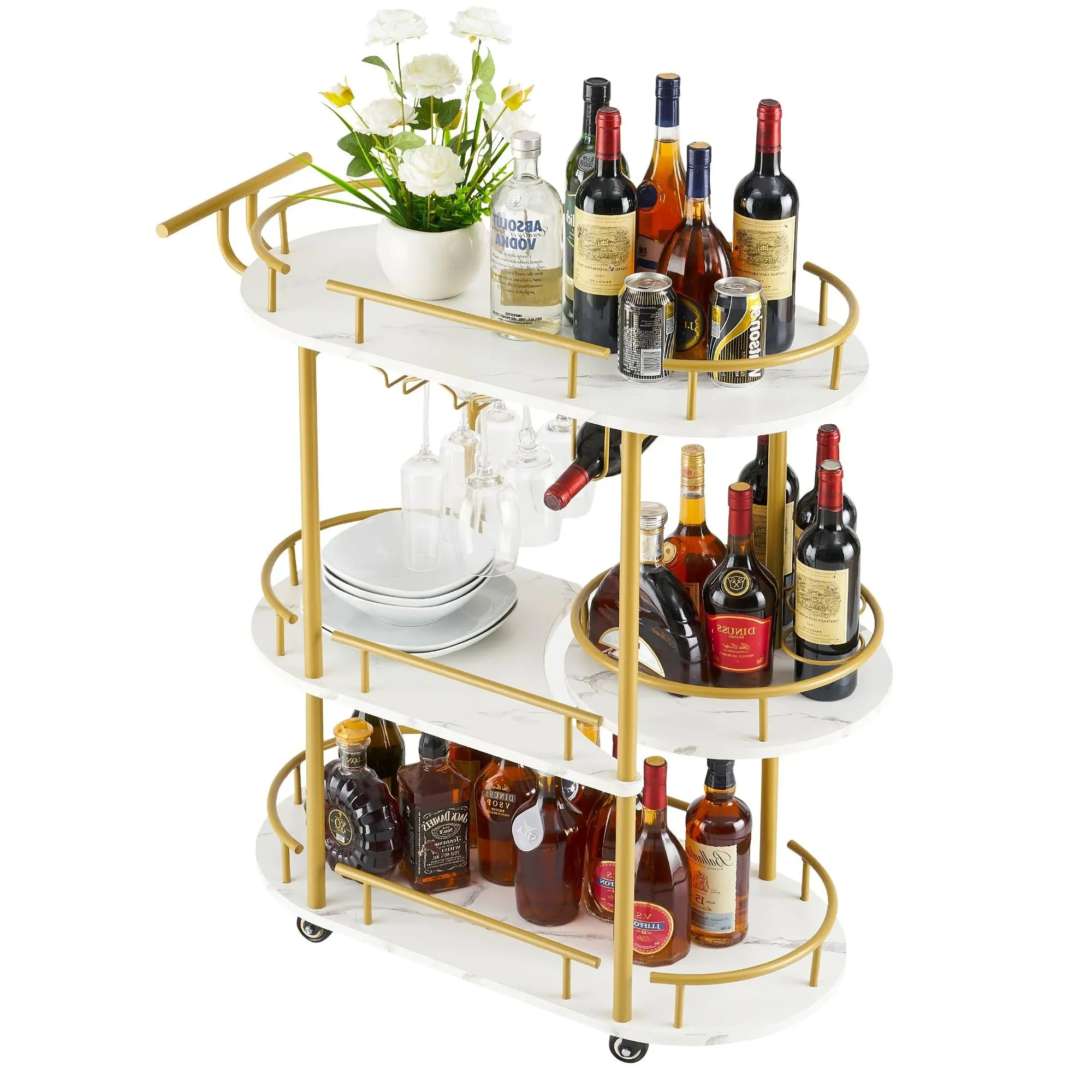 J-yaamizz Gold Bar Carts with 4-tier Storage Shelves, Mobile Bar Serving Cart with Wine Rack and Glass Holder for Kitchen