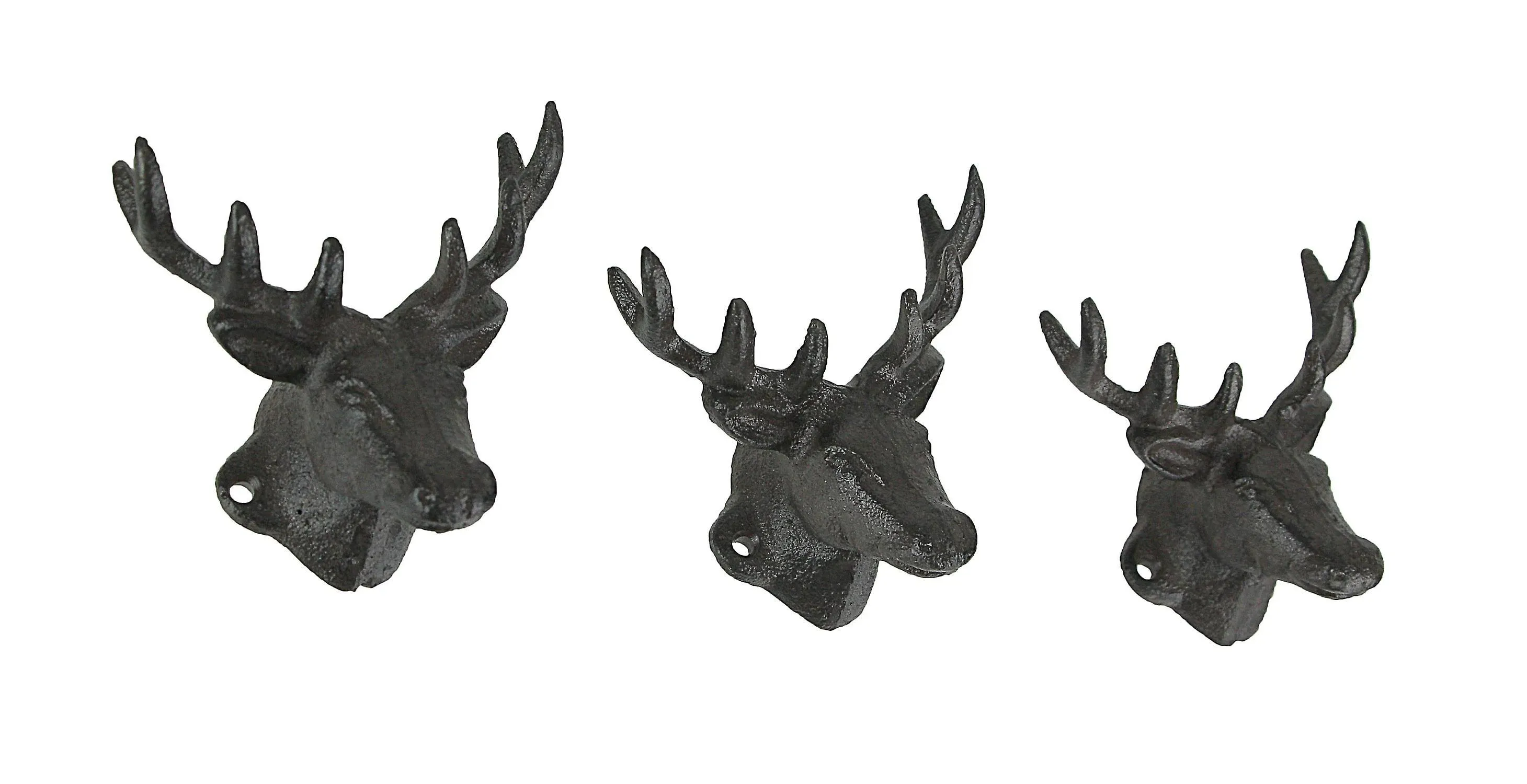 Set of 3 Rustic Brown Deer Head Decorative Wall Hooks Lodge Decor