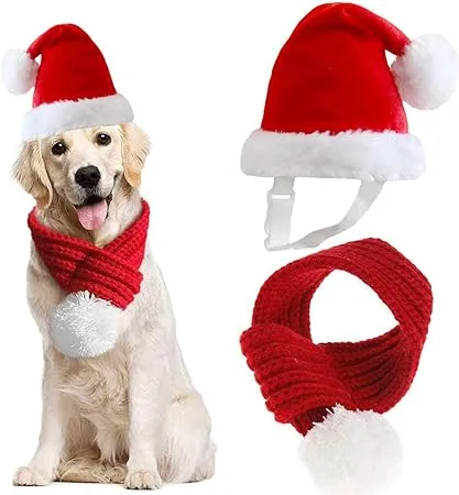 Christmas Dog Santa Hat with Scarf Adjustable Santa Hat for Dog and Xmas Pet ...