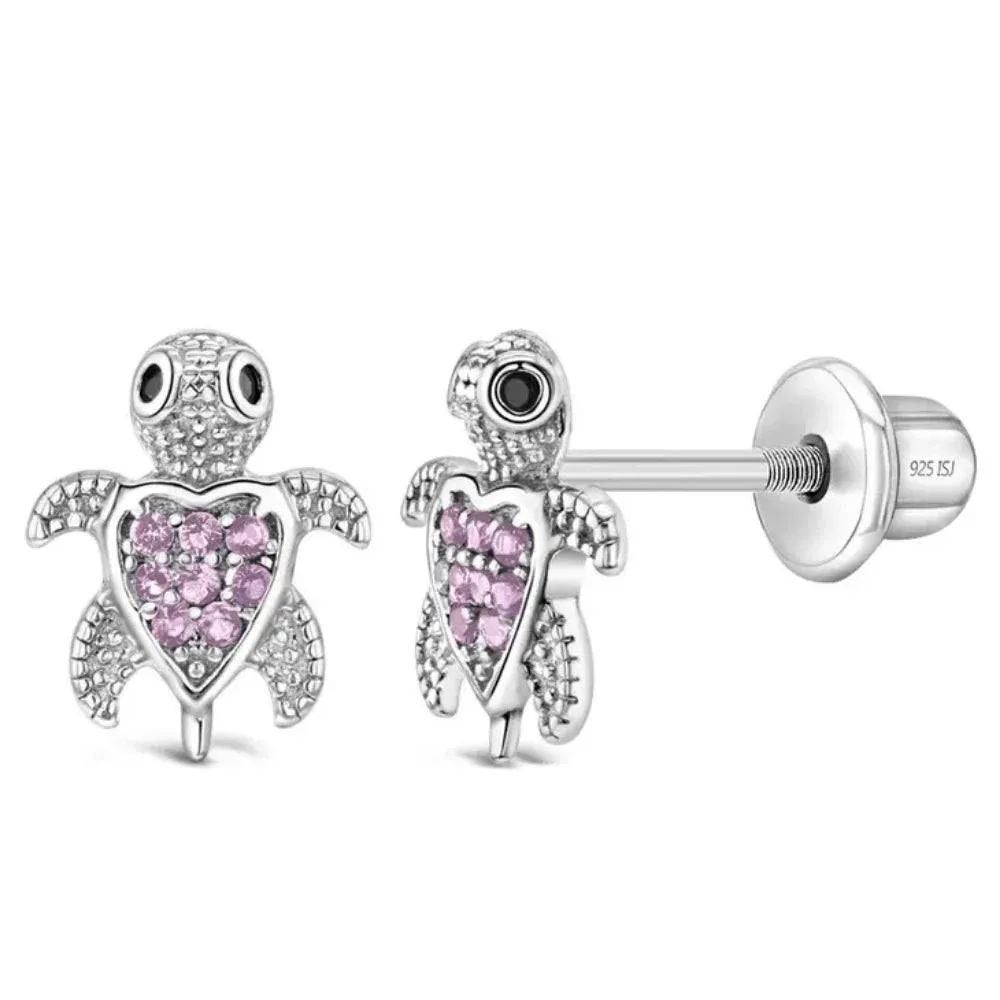 925 Sterling Silver Cubic Zirconia Cute Turtle Screw Back Earrings Stud