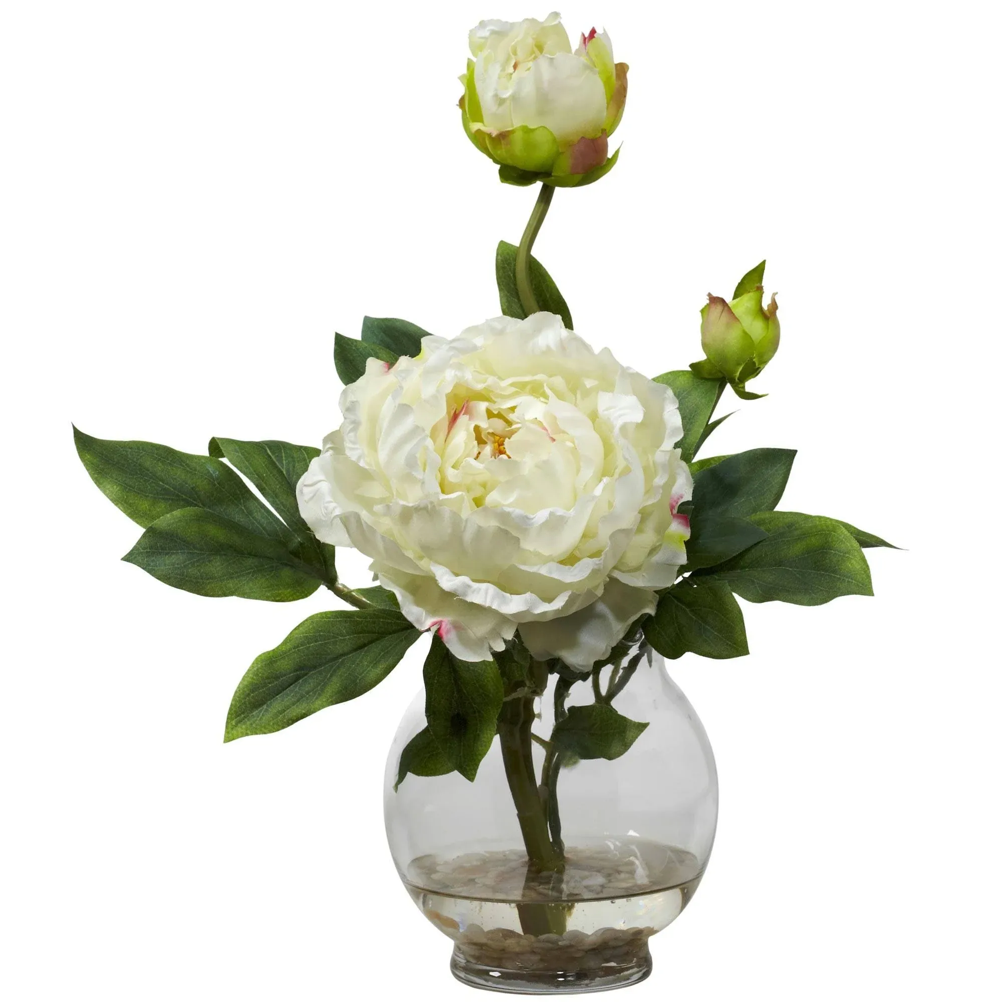 Nearly Natural Peony Silk Flower Arrangement with Fluted Vase White