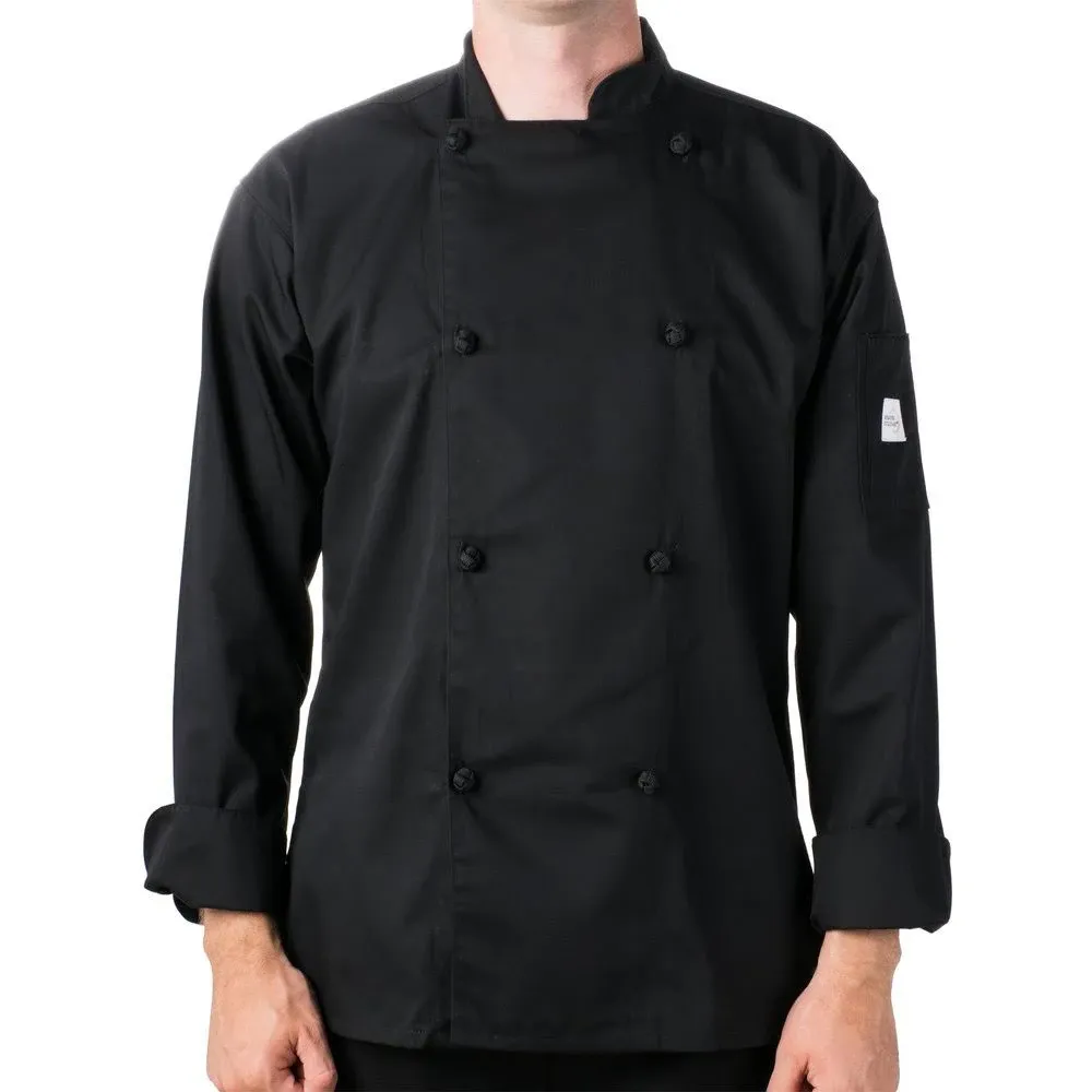 Genesis Unisex Chef Jacket, (8) cloth knot buttons, utility shoulder pocket, side slits, 65/35 poly/cotton twill, black, 2X