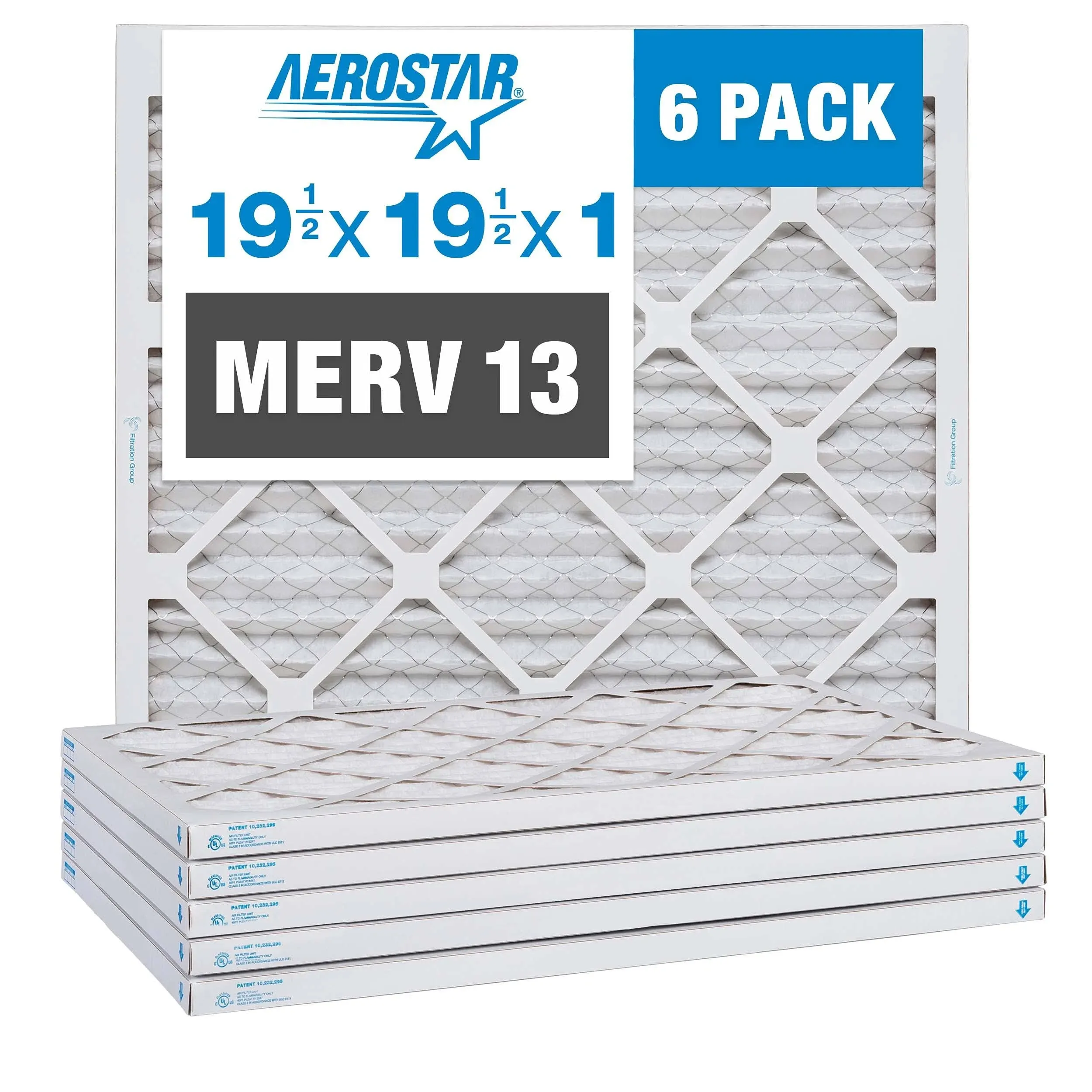 Aerostar 19 1/2x19 1/2x1 MERV 13 Pleated Air Filter, AC Furnace Air Filter, 6 Pack (Actual Size: 19 1/2" x 19 1/2" x 3/4")