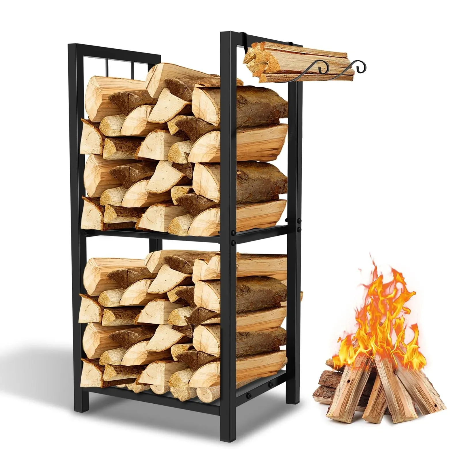 Firewood Rack Log Holder Indoor with Kindling Hooks, Powder-coated Steel Made...