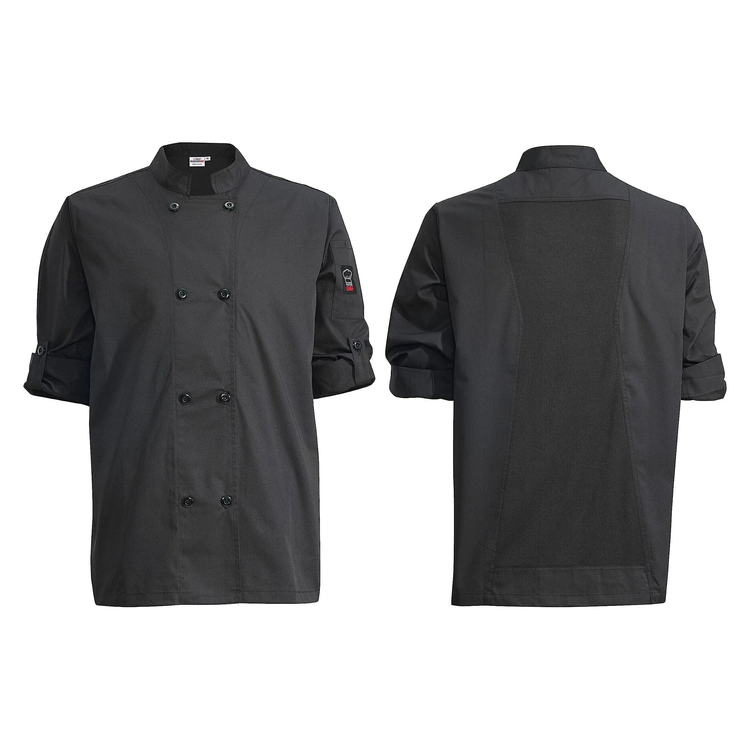 Winco UNF-12KL Black Chef Jacket with Roll-Tab Sleeves, L