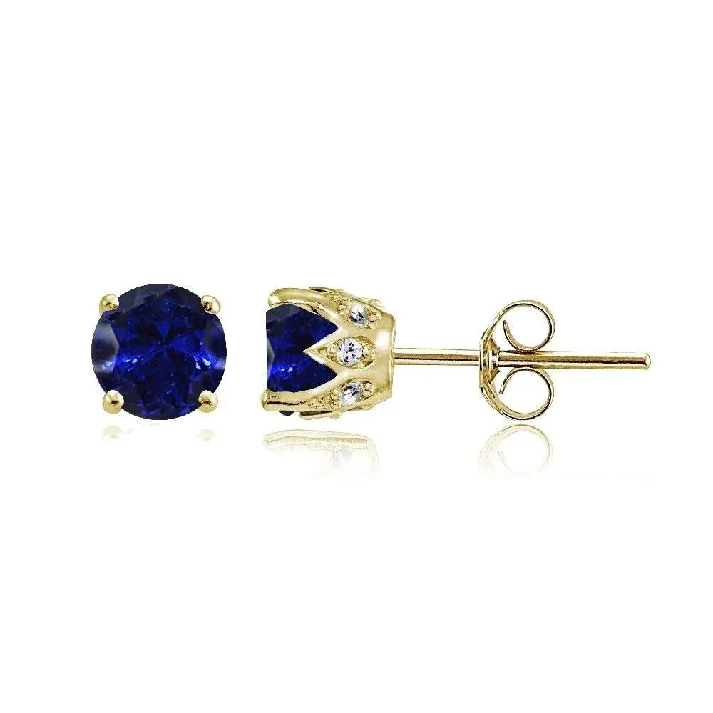 Yellow Gold Flashed Sterling Silver Created Blue Sapphire And Cubic Zirconia Accents Crown Stud Earrings