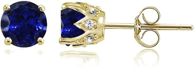 Yellow Gold Flashed Sterling Silver Created Blue Sapphire And Cubic Zirconia Accents Crown Stud Earrings