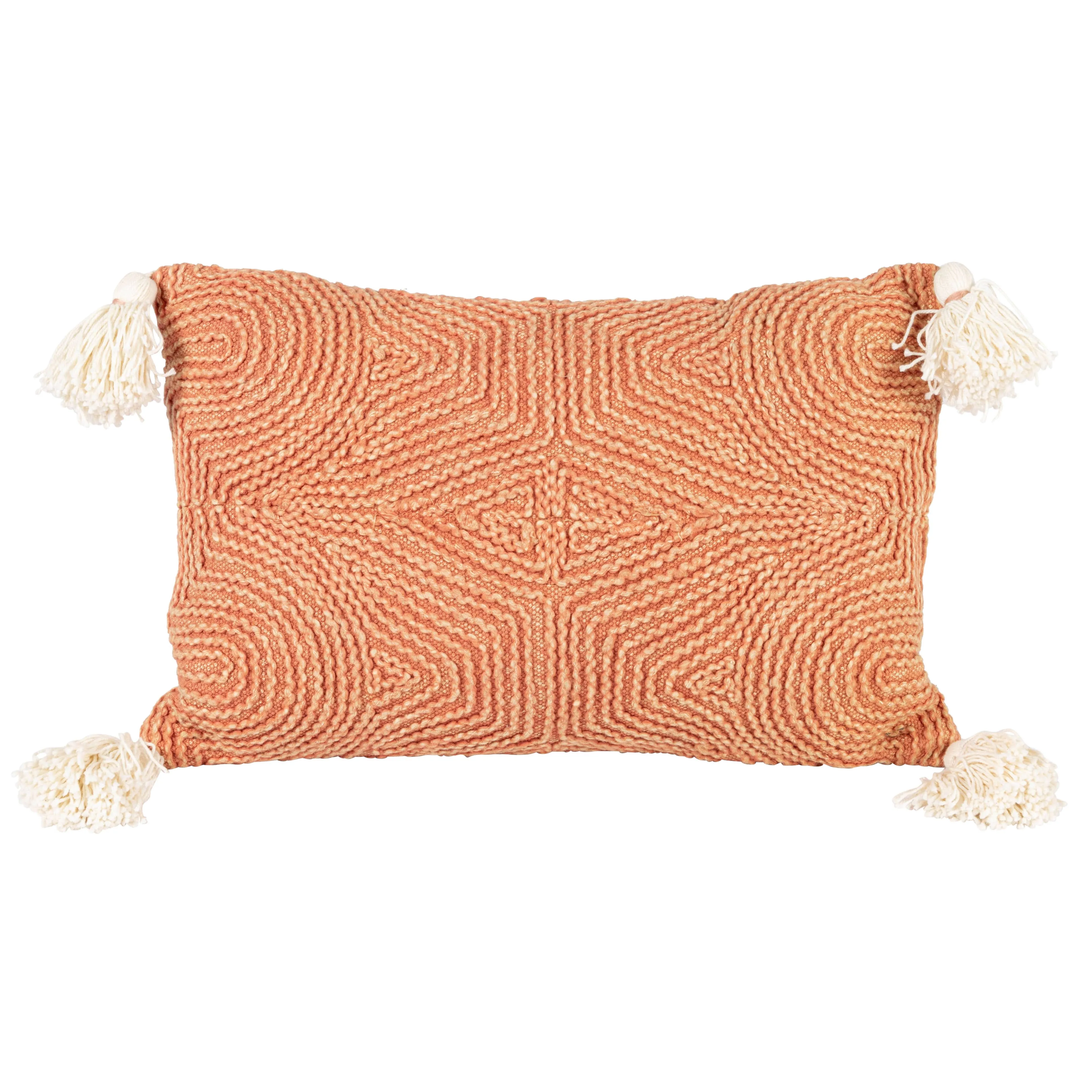 Bloomingville Cotton Embroidery and Tassels, Rust and Natural Lumbar Pillow, Terra-Cotta