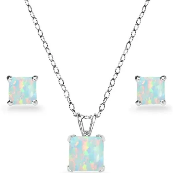 Sterling Silver Created White Opal Square Solitaire Necklace And Stud Earrings Set