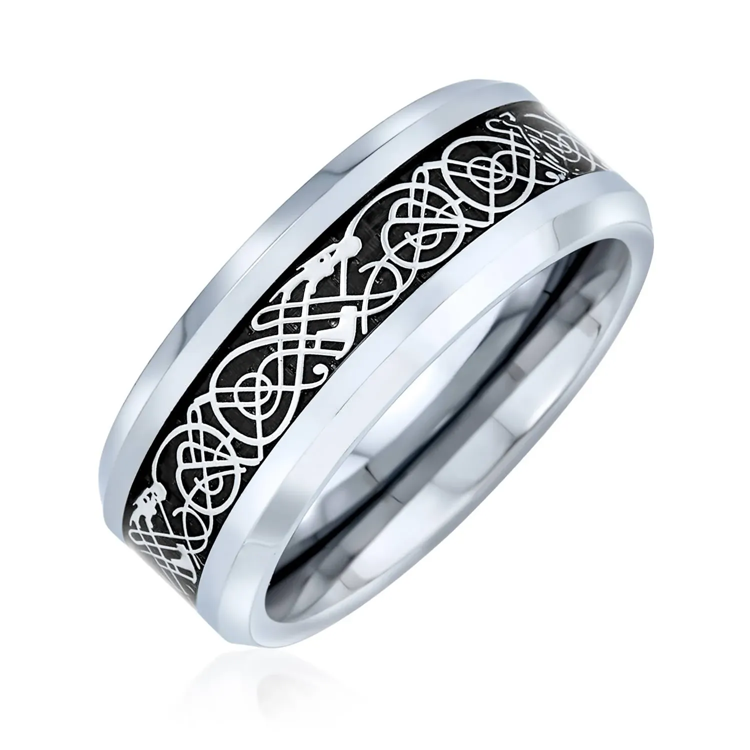 Tungsten Celtic Dragon Black Inlay Flat Comfort Fit Wedding Band