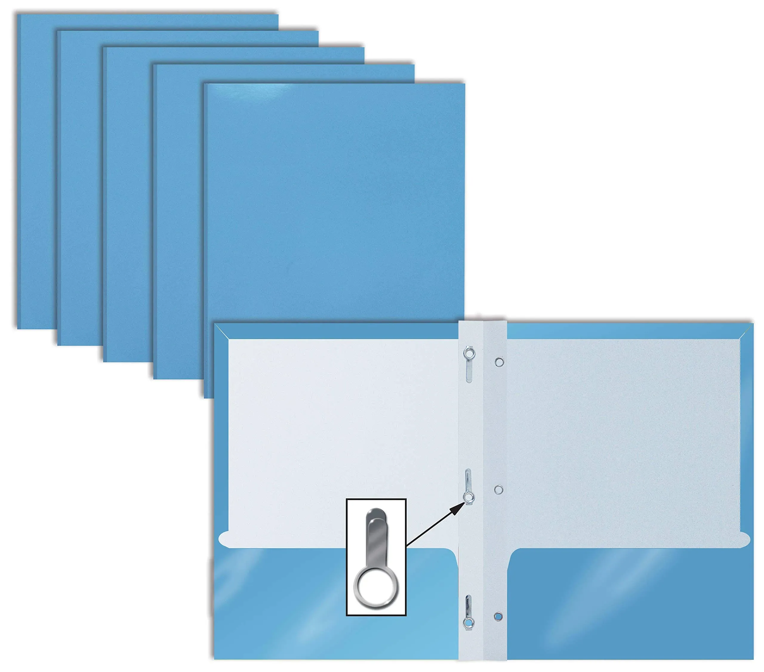 2 Pocket Glossy Light Blue Paper Folders with Prongs, 25 Pack, Letter Size, H...