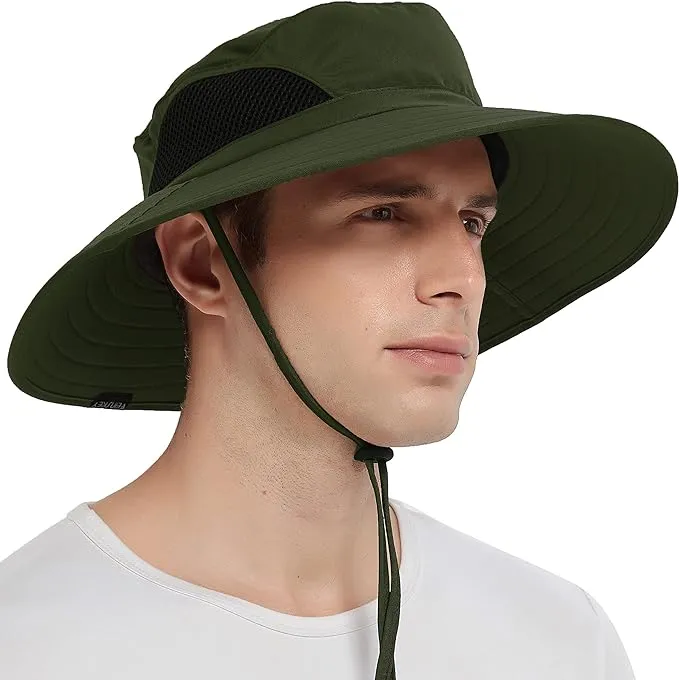 Men's Wide Brim Sun Hat, Outdoor Sunscreen Waterproof Bucket Mesh Boonie Hat New