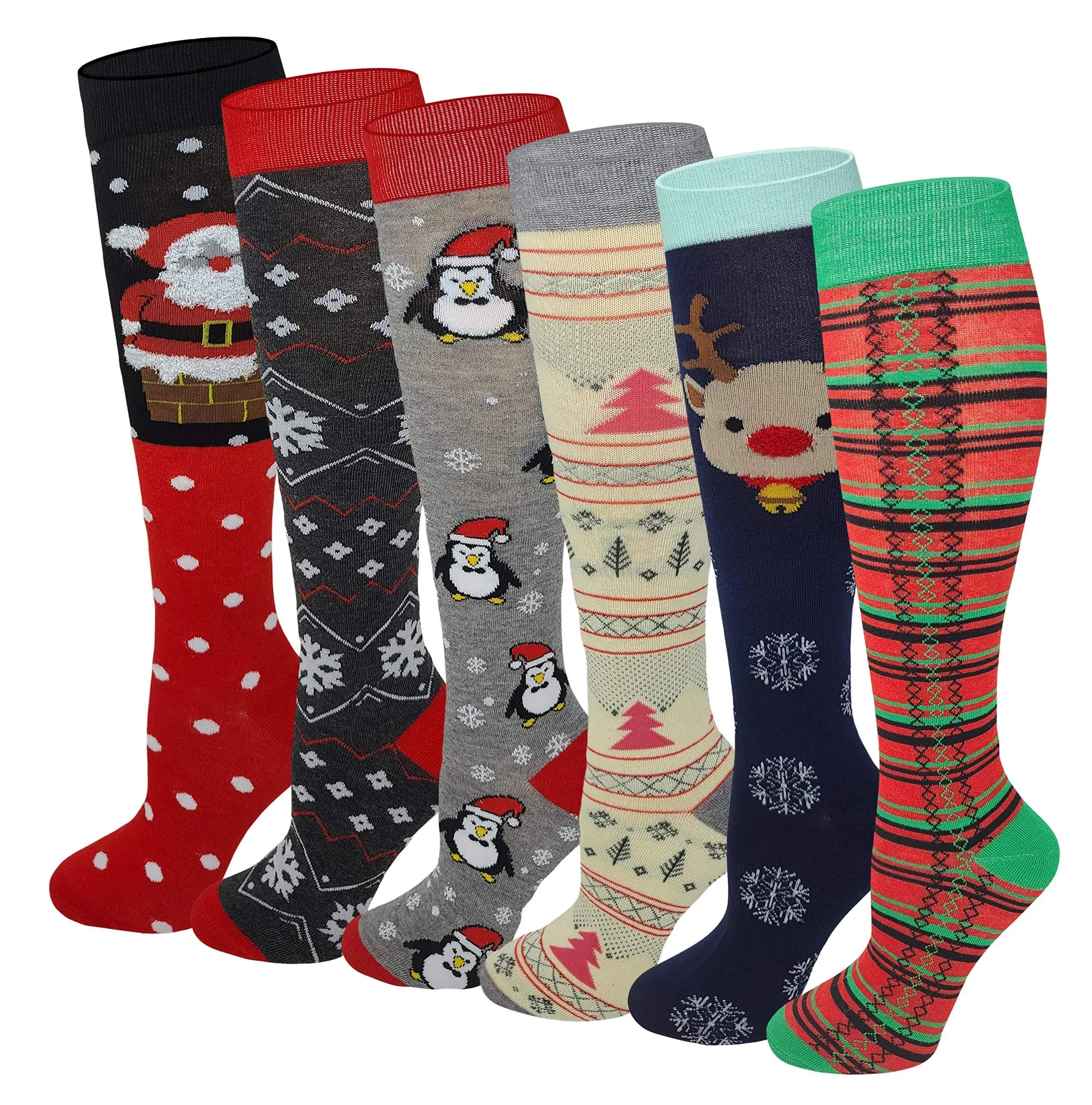 Women 6 Pairs Merry Christmas Novelty Design Knee High Socks