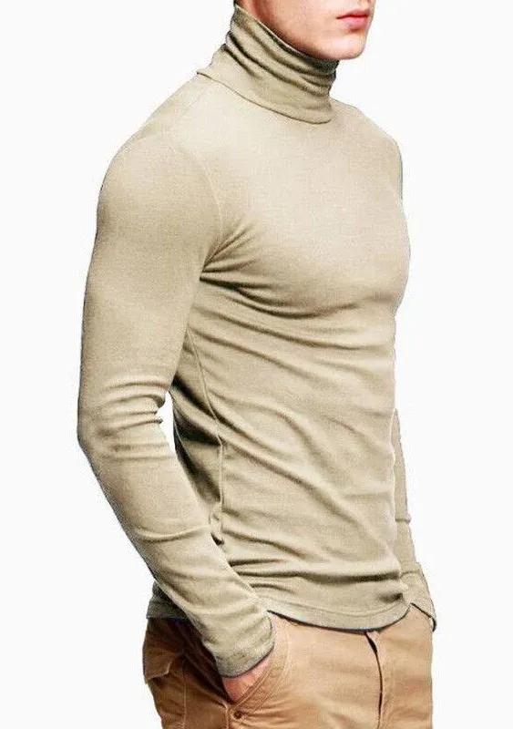 Mens Cotton Casual Soft Turtle Neck Quality Long Sleeve T-shirt Plain