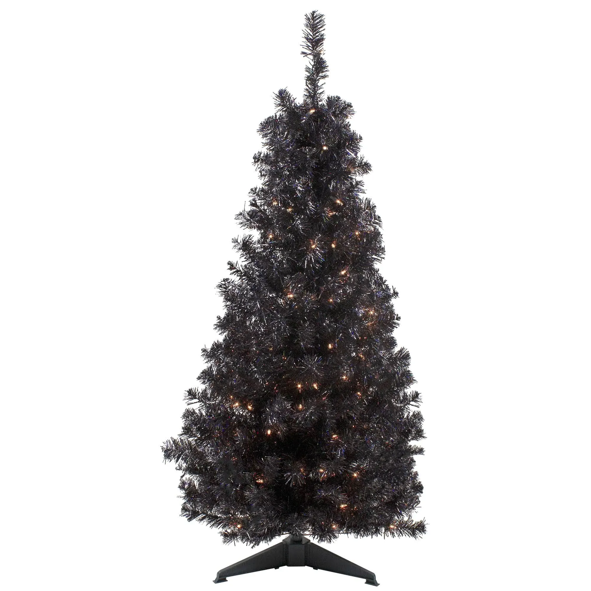 Northlight 4' x 29" Pre-Lit Slim Black Artificial Tinsel Christmas Tree- Clear Lights