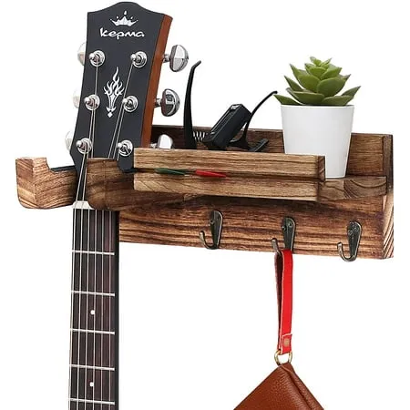 WELLAND Guitar Wood Wall Hanger with Storage Shelf Hanging Rack for Electric Guitar Acoustic Guitar Bass Guitar Guitar Accessories