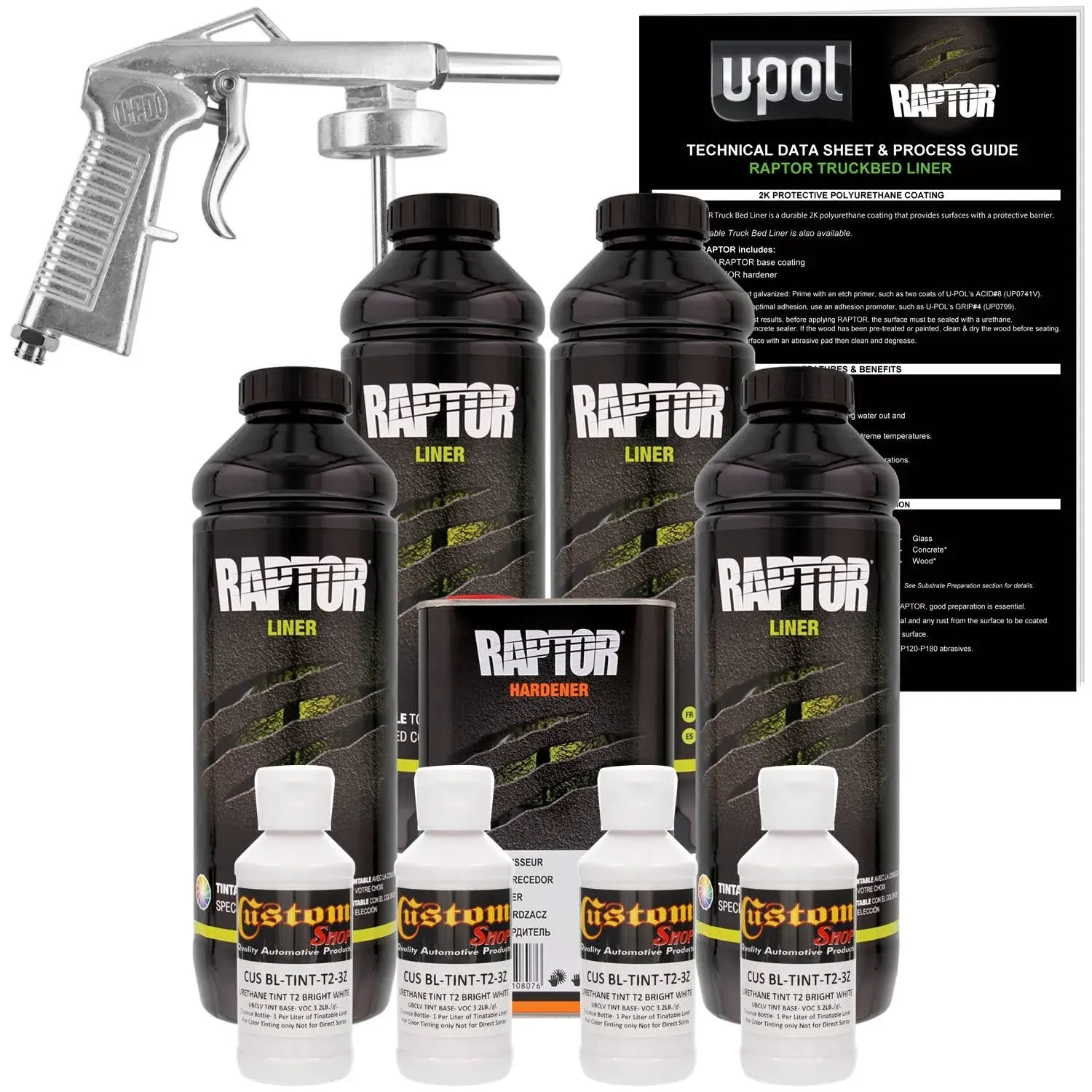 U-POL Raptor Bright White Urethane Spray-On Truck Bed Liner Kit W/Free Spray Gun, 4 Liters