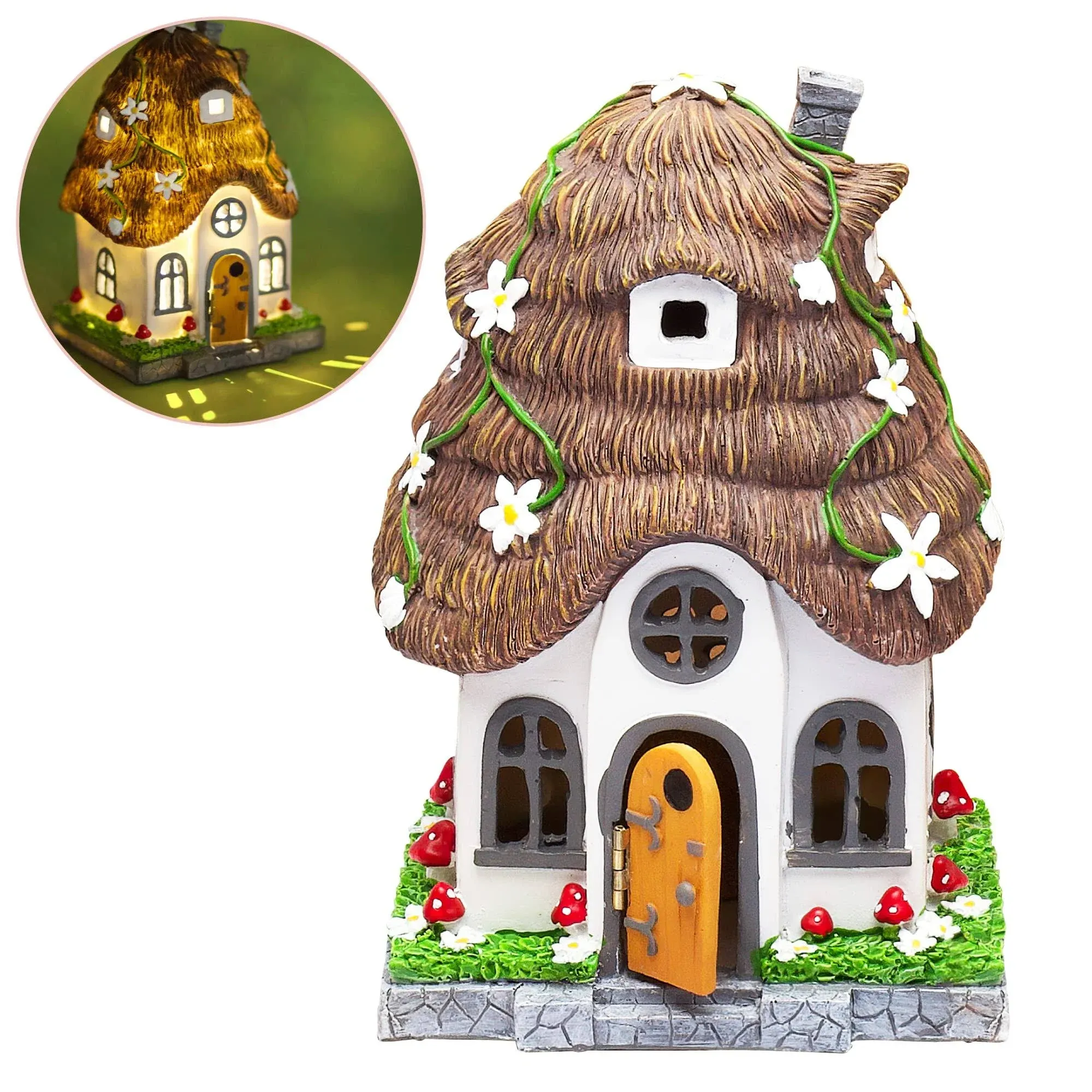 WILD PIXY Fairy Garden House - Glow in The Dark Fairy Cottage with Opening Door and Solar LED Light, Beautiful Miniature Garden Decoration for Indoor or Outdoor Fairy Gardens - 7.1" Fairy House