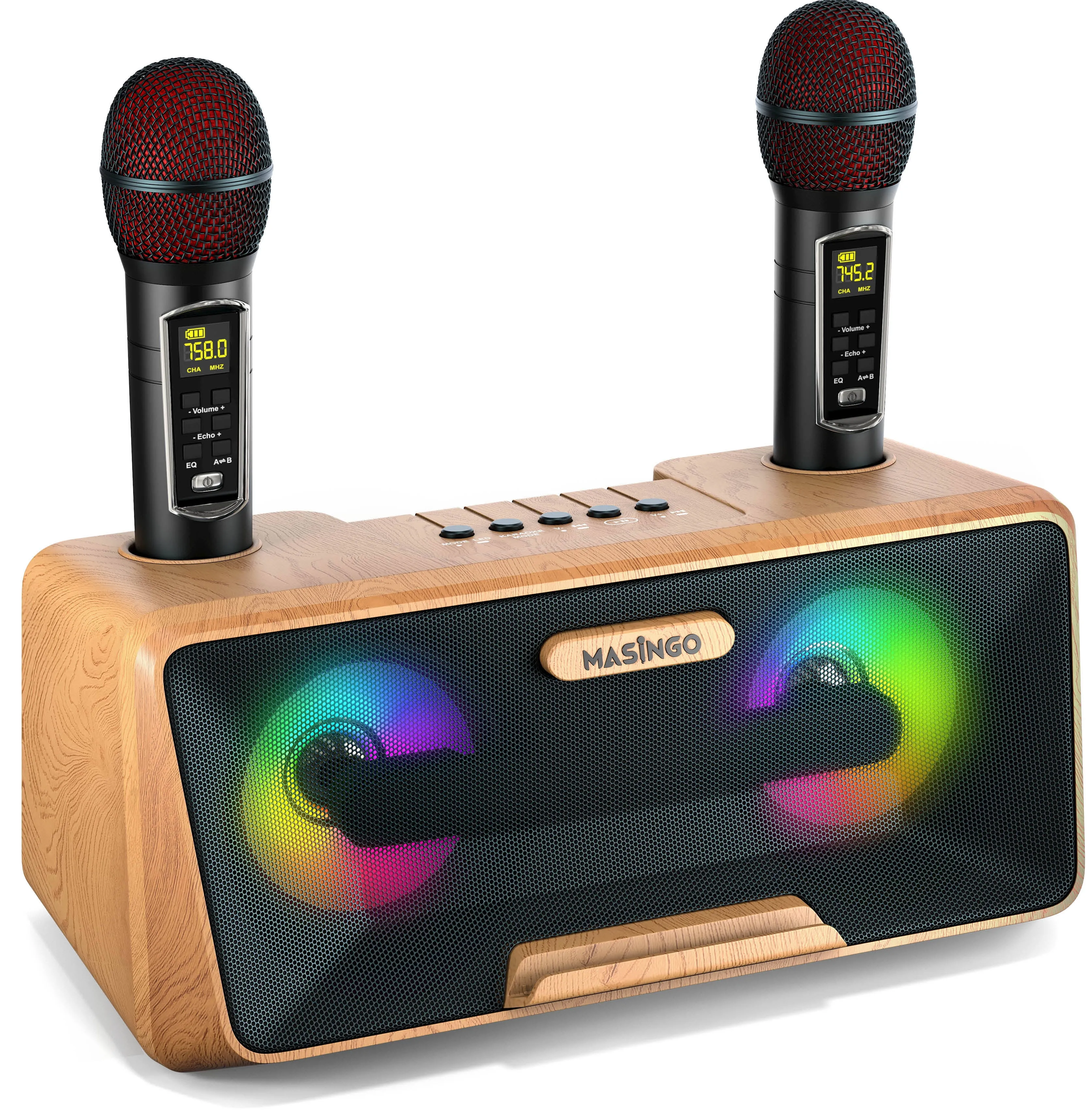 MASINGO Karaoke Machine for Adults & Kids with 2 Wireless Microphones - Portable Singing PA Speaker System w/Two Bluetooth Mics, Party Lights, Lyrics Display Holder & TV Cable - Soprano X1