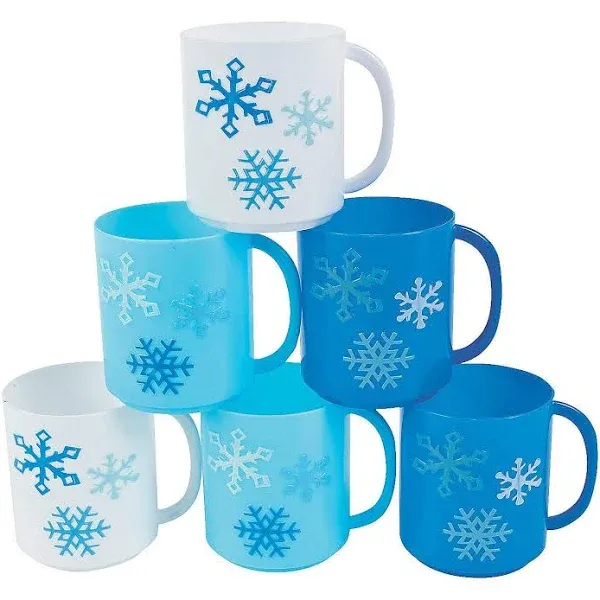 Fun Express Set of 12 Pieces Plastic Winter Mugs, Holds 6 oz, BPA Free Plastic, Christmas Party Supplies, Multi-Color